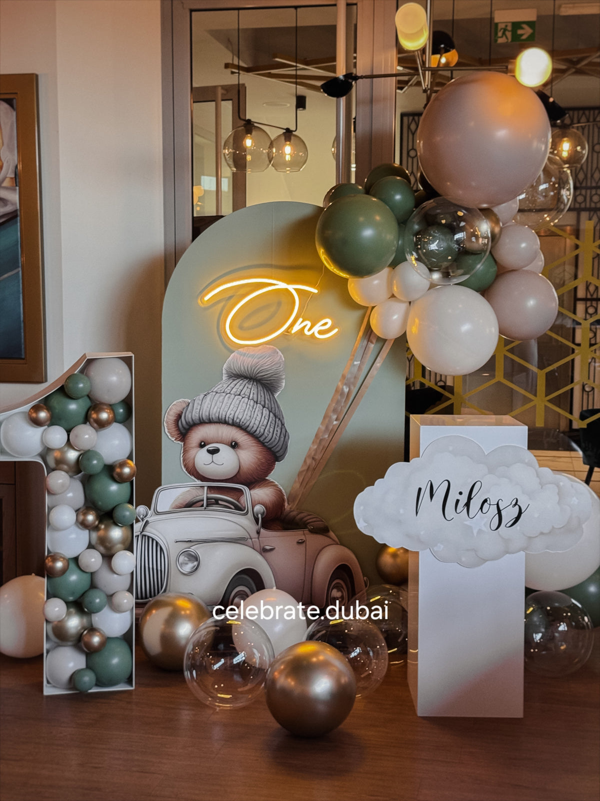 Balloon Garland Arch With Backdrop, Bear Cutout, Number Stand With Balloons, Neon Sign And Cake Stand