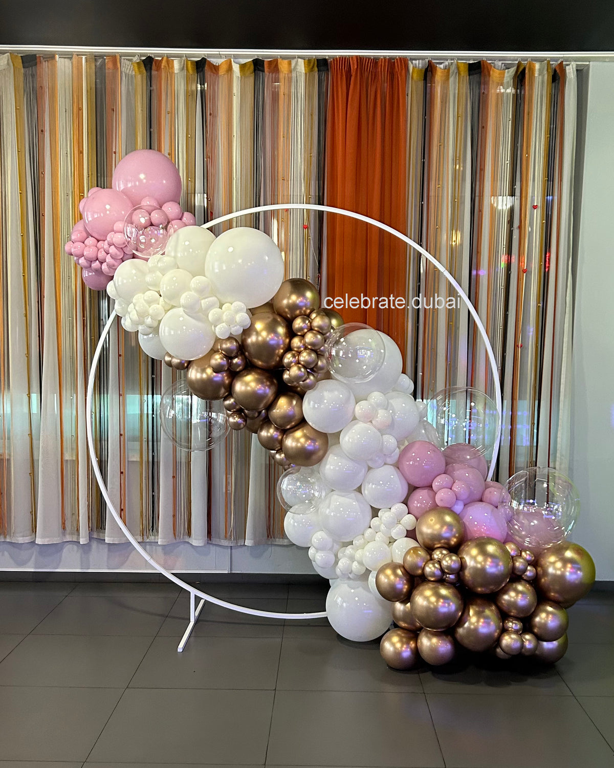 Balloon Garland On Metal Circle In White, Golden And Pink