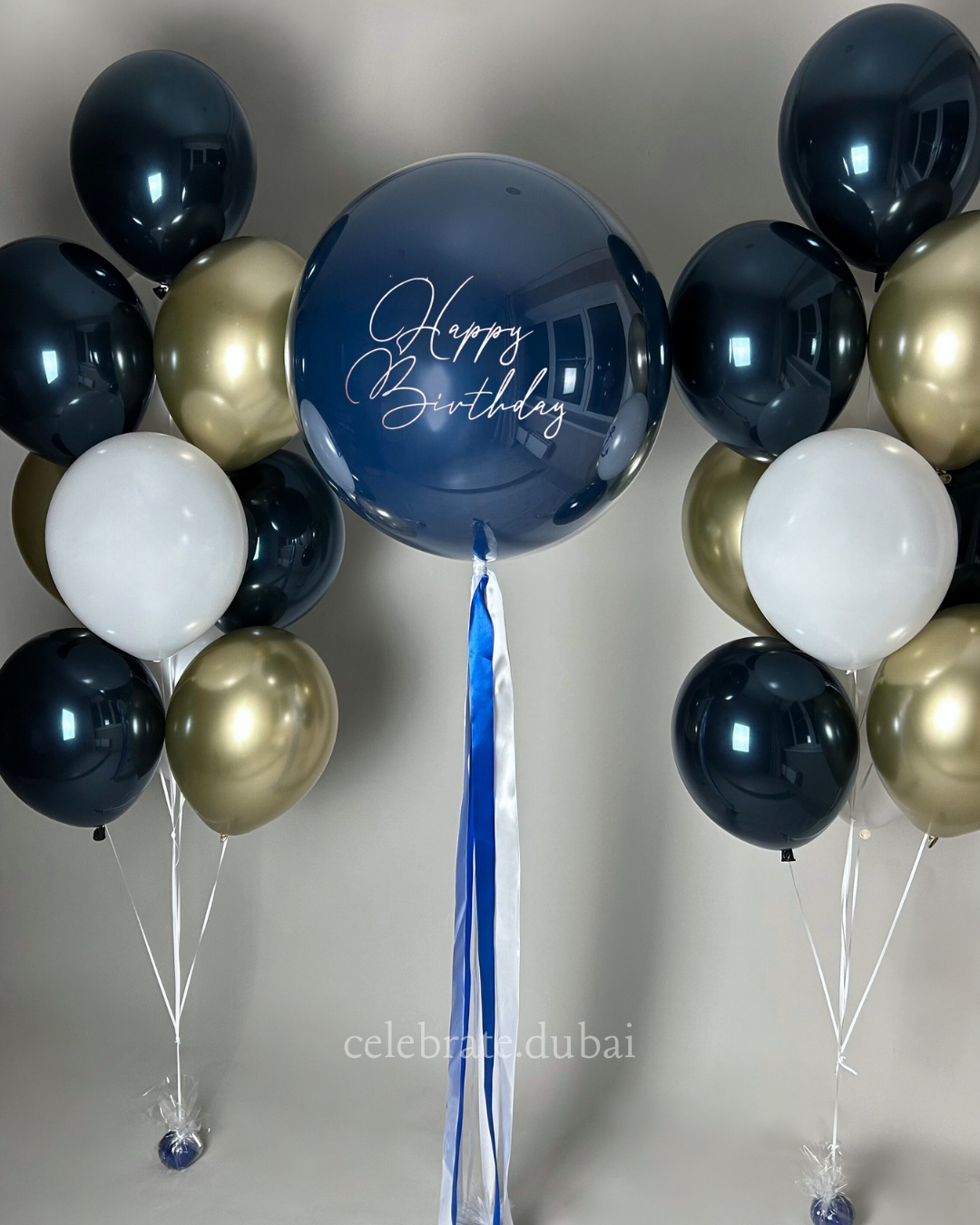 Customized Helium Balloon Bouquet: Personalized Balloon With Text And A Mix Of Navy Blue, White And Golden Balloons