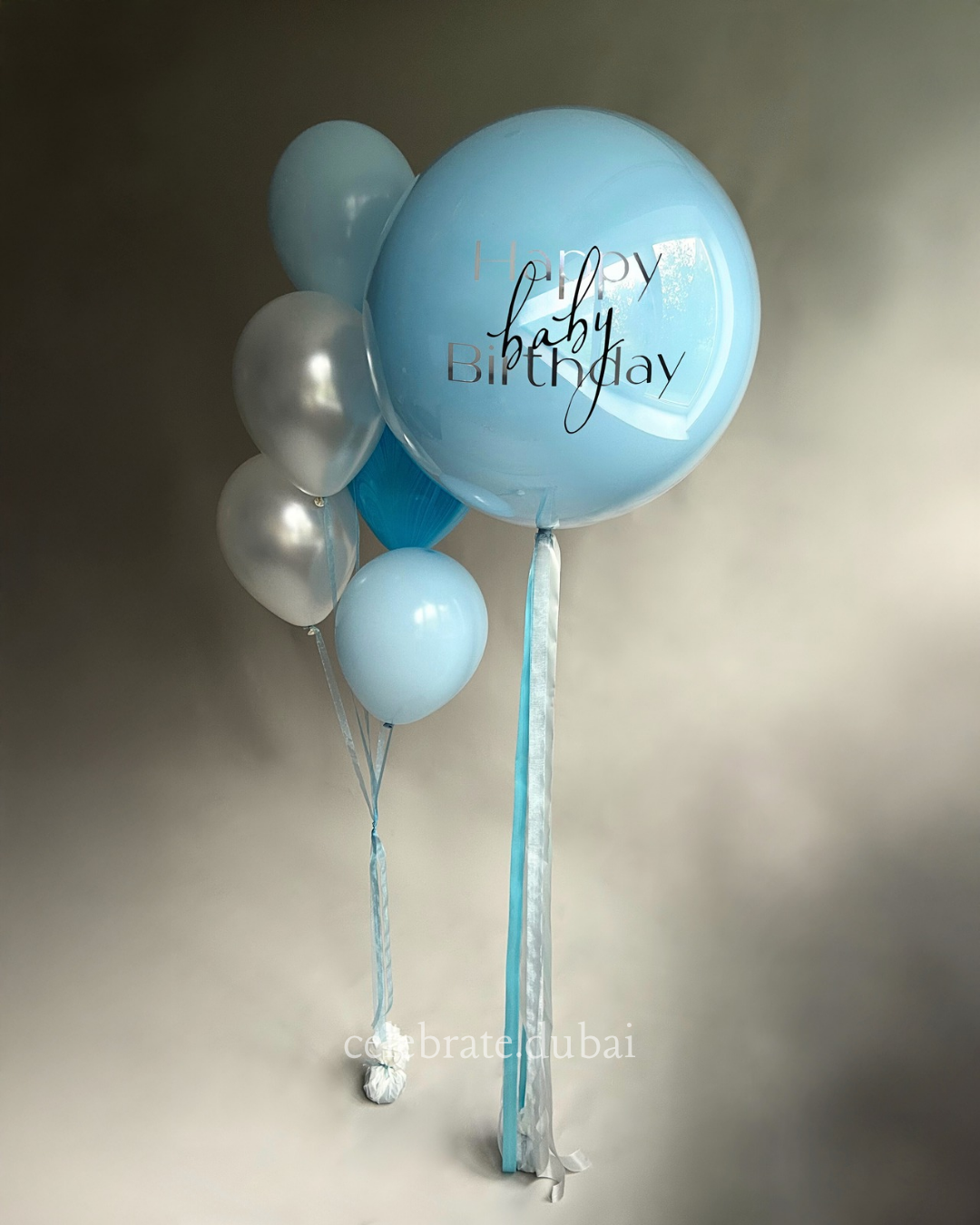 Customized Helium Balloon Bouquet: Personalized Balloon With Text And Blue And White Balloons