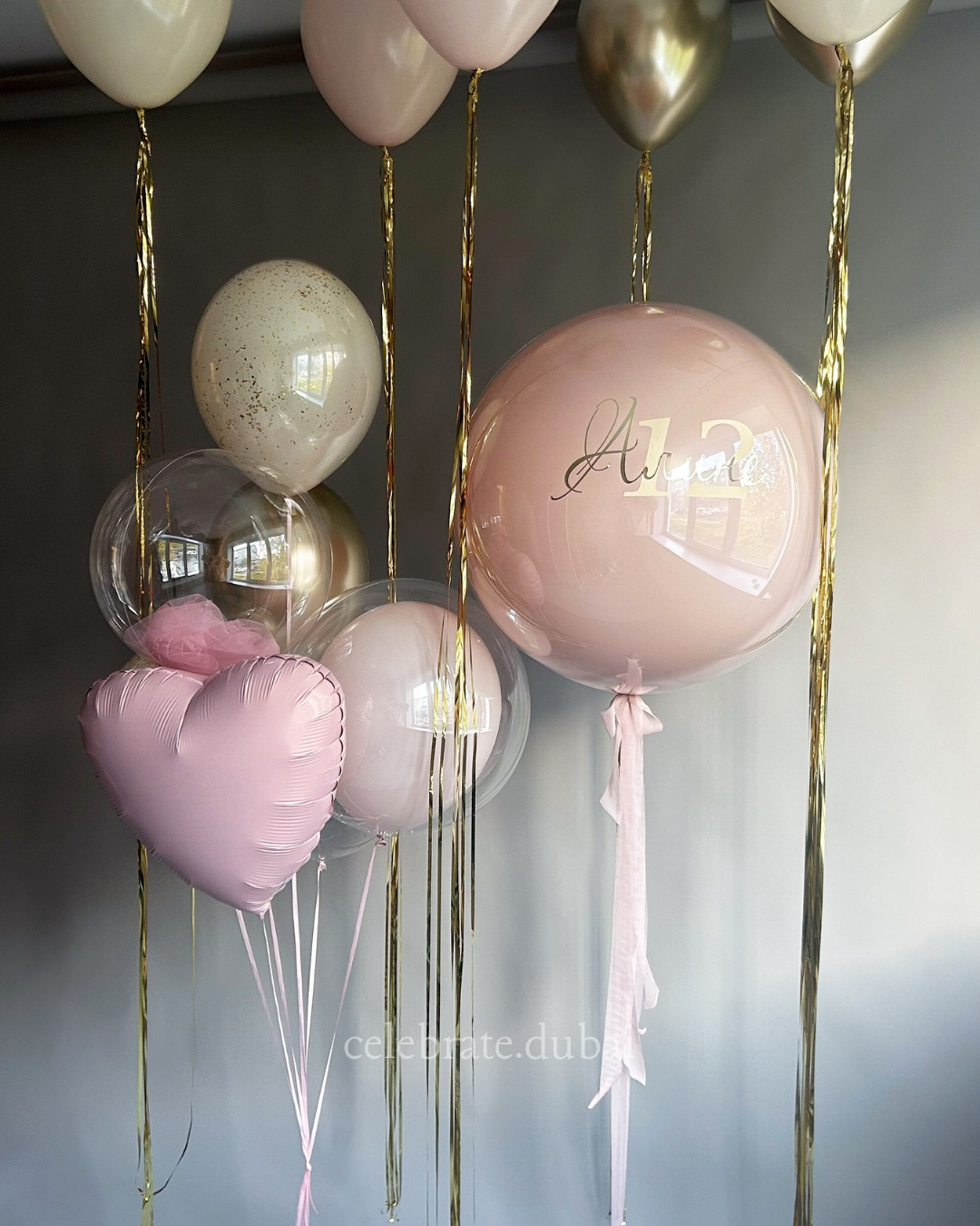 Customized Helium Balloon Bouquet: Personalized Balloon With Text And Pink And Beige Balloons