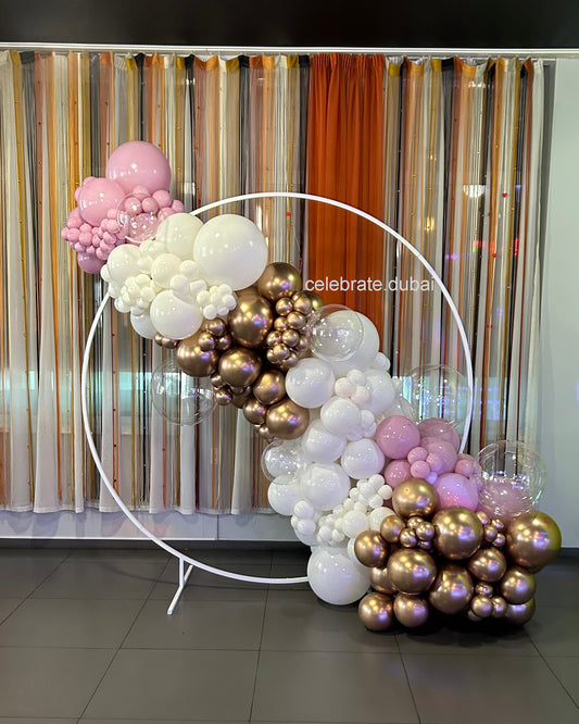 Balloon Garland On Metal Circle In White, Golden And Pink 