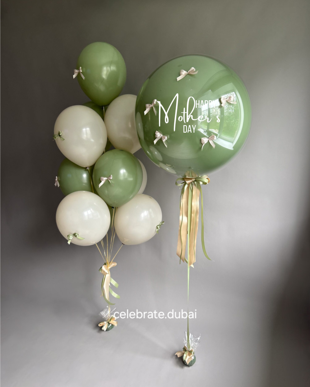 Customized Helium Balloon Bouquet: Personalized Balloon With Text And Bows And Mix Of Beige And Green Balloons With Bows