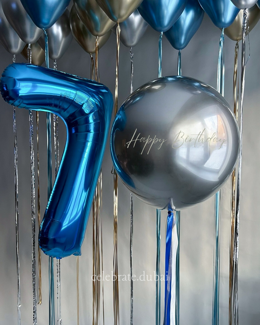 Customized Helium Balloon Bouquet: Personalized Balloon With Text And Number Foil Balloon And A Mix Of Golden, Blue And Silver Balloons