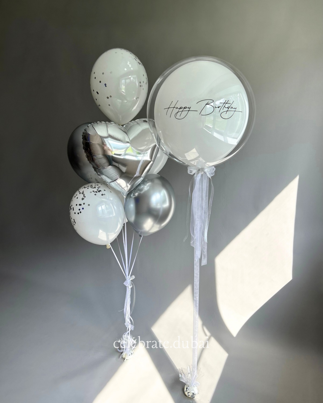 Customized Helium Balloon Bouquet: Personalized Bubble Balloon With Text And White And Silver Balloons