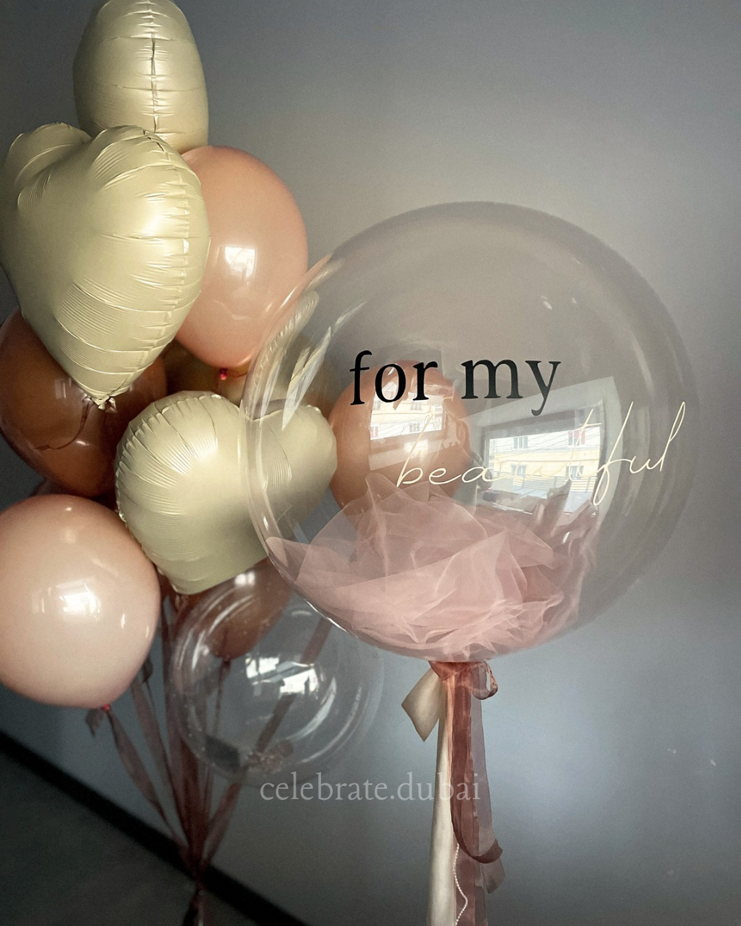 Customized Helium Balloon Bouquet: Personalized Bubble Balloon With Text With Peach And Beige Balloons