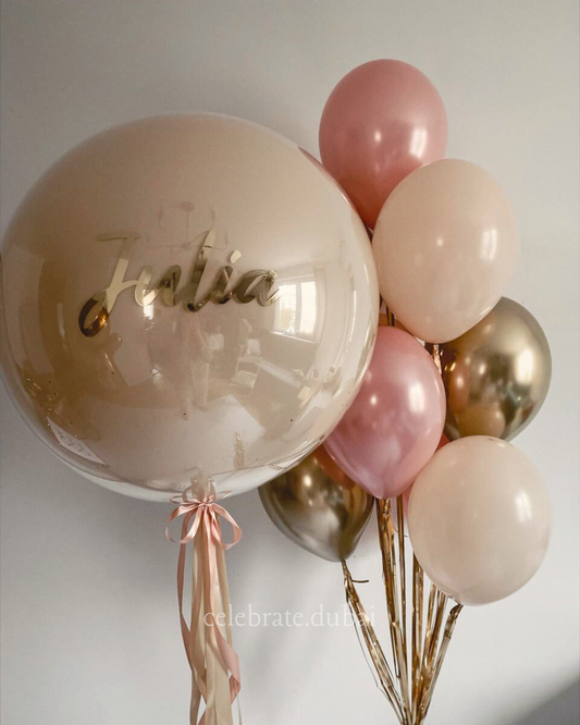 Customized Helium Balloon Bouquet: Personalized Bubble Balloon With Text With Pink, Golden And Beige Balloons