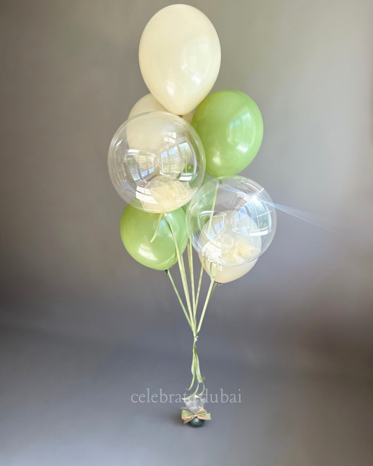 Helium_Balloon_Bouquet_Bubble_Balloons_With_Green_and_Beige_Latex_Balloons