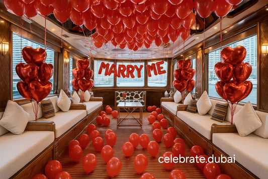 Romantic And Proposal Room Decoration Package: Helium Ceiling Balloons, Red Foil Heart Balloons, Floor Latex Balloons And Marry Me Balloon Banner